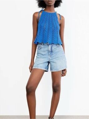 Zara Blue Knit Tie-Shoulder Tank Top